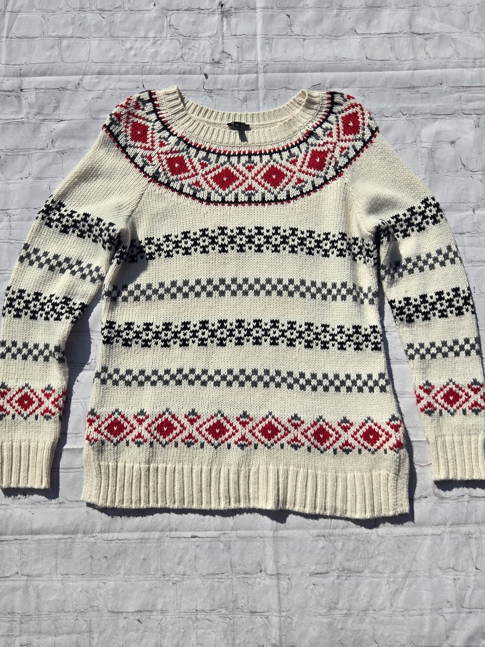 Talbots Sweater Womens Medium Red Black Cream Nordic Fair isle Wool Blend